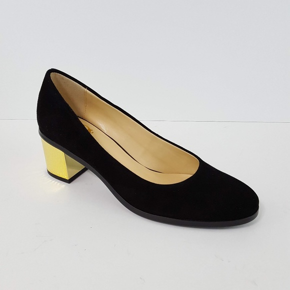 black and gold block heels